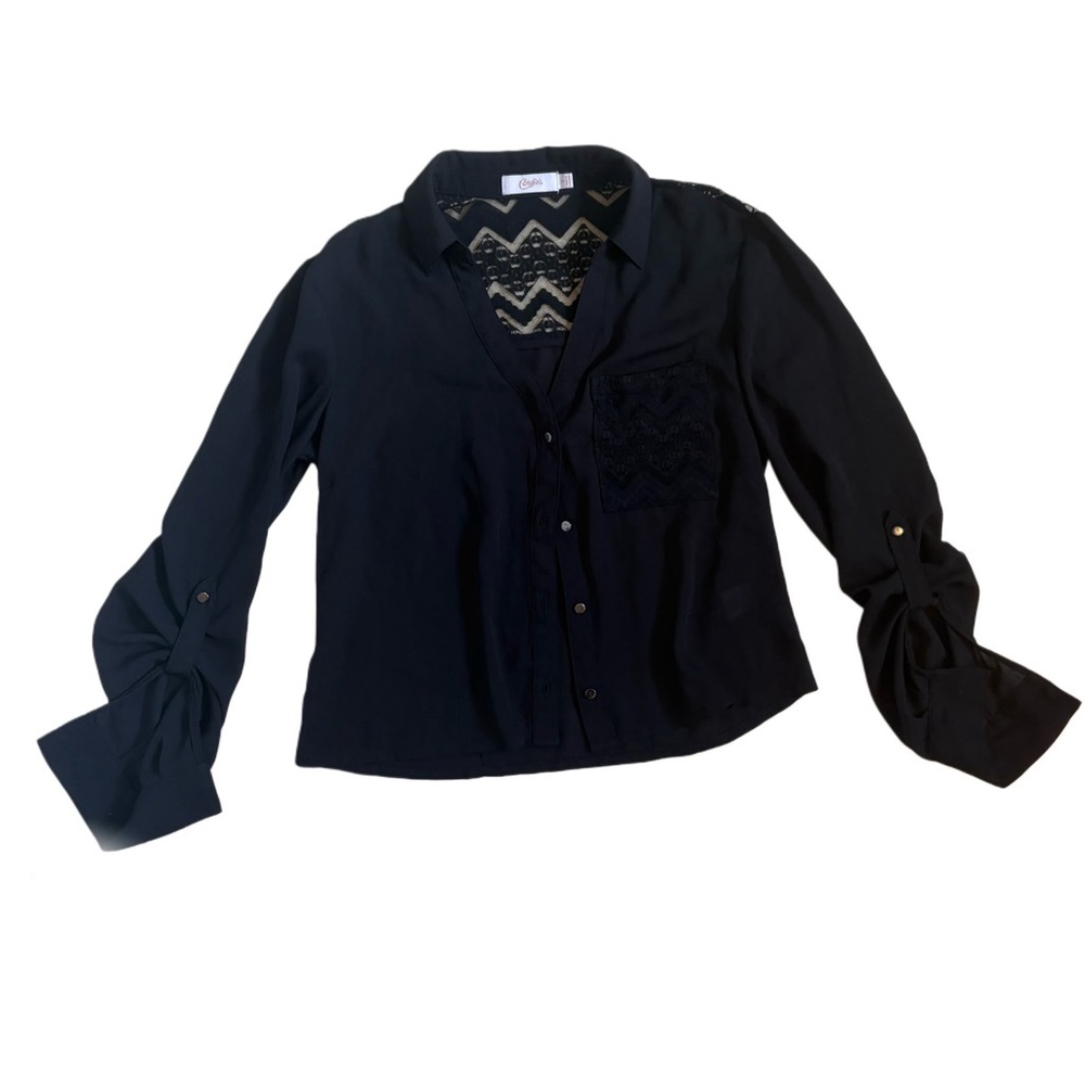 Candie's Women’s Black Lace Long Sleeve Button Up Blouse!